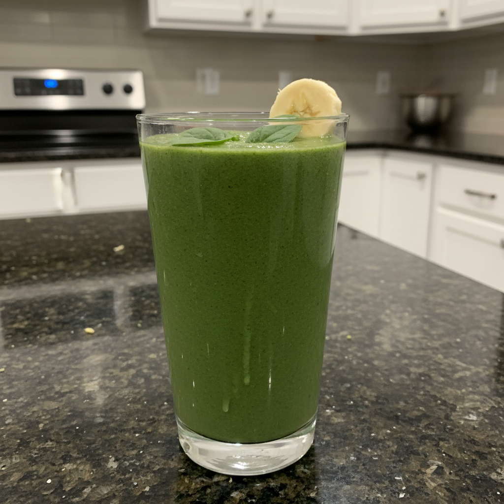 A vibrant green spinach banana smoothie in a tall glass with a straw, ready to drink.