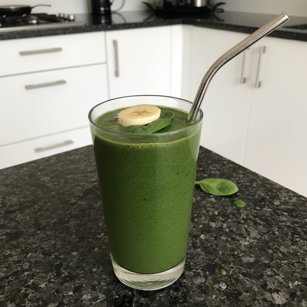 Creamy Spinach Banana Smoothie 2 A vibrant green spinach banana smoothie in a tall glass with a straw, garnished with a banana slice.