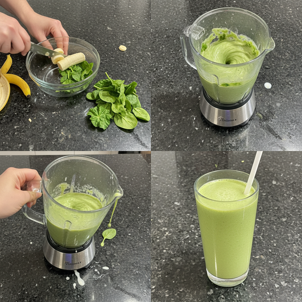 spinach-banana-smoothie-prep Blending fresh ingredients like spinach and bananas in a blender to create a smooth and creamy spinach banana smoothie.