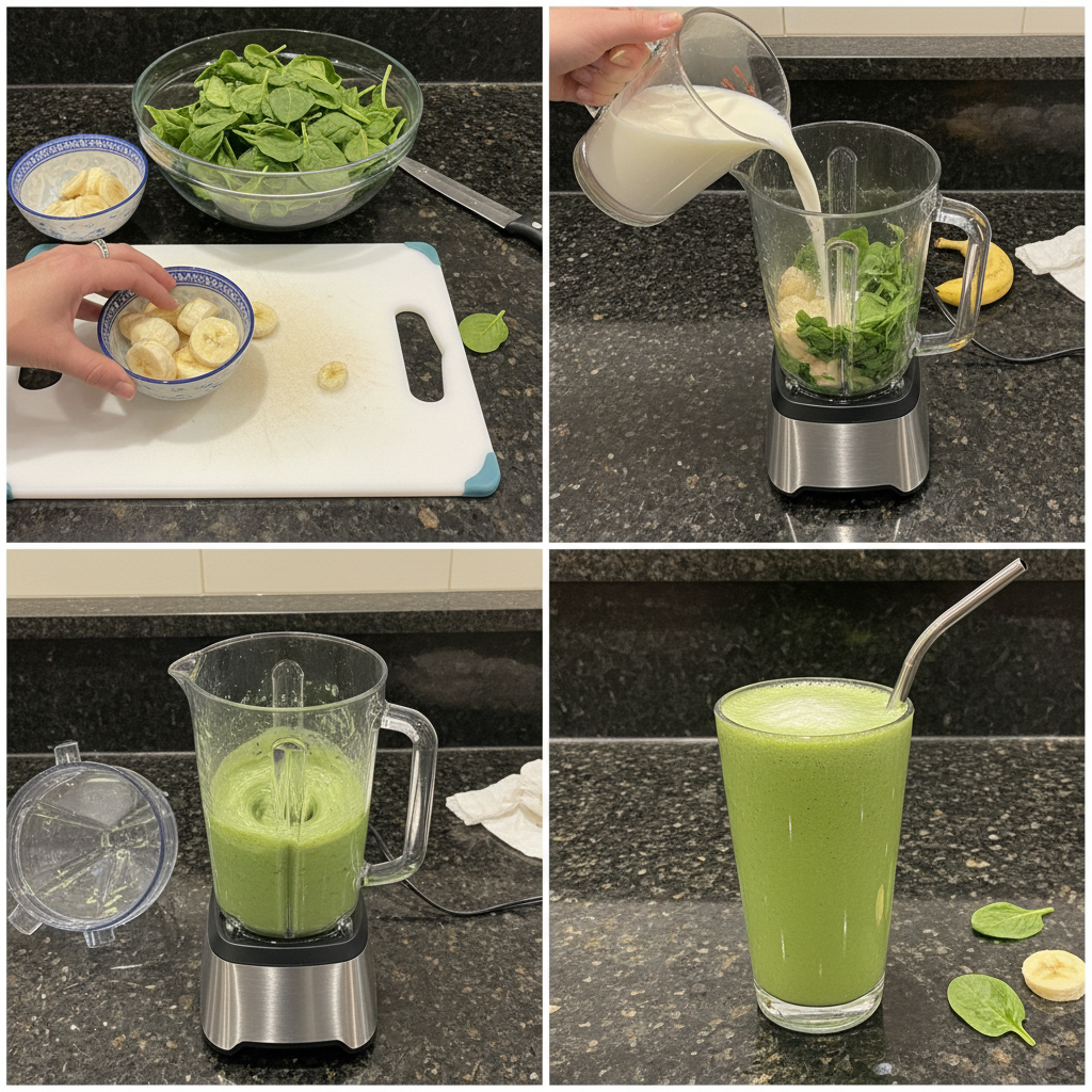 spinach-banana-smoothie-prep A blender filled with spinach, bananas, and liquid, whirring to create a smooth spinach banana smoothie.