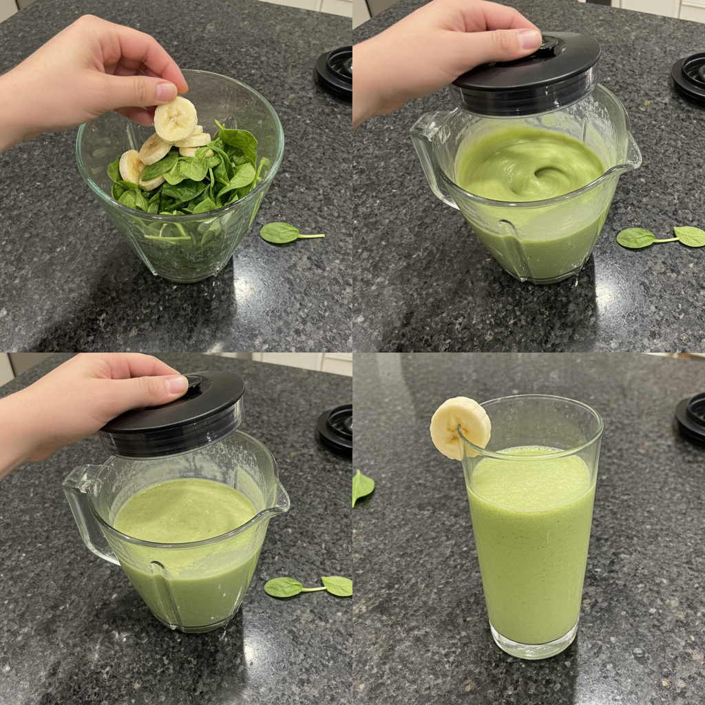 spinach-banana-smoothie-prep A blender containing fresh spinach, sliced banana, and almond milk being mixed to create a spinach banana smoothie.