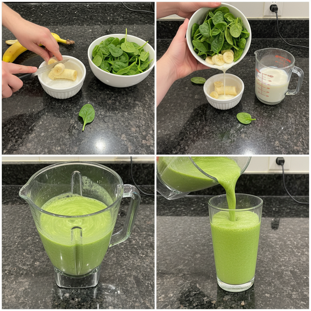 spinach-banana-smoothie-prep Blending fresh spinach, ripe bananas, and liquid together in a blender to make a healthy Spinach Banana Smoothie.