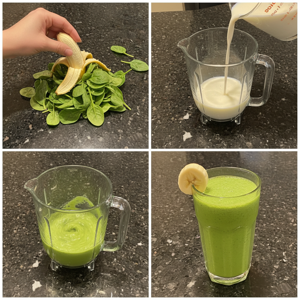 spinach-banana-smoothie-prep A blender actively mixing fresh spinach, bananas, and milk, creating a smooth green spinach banana smoothie.