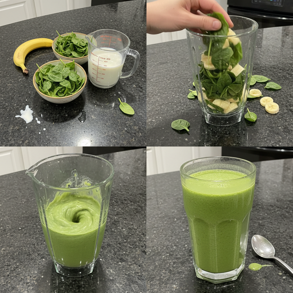 spinach-banana-smoothie-prep A powerful blender whirring, mixing fresh spinach and banana into a smooth, healthy Spinach Banana Smoothie.