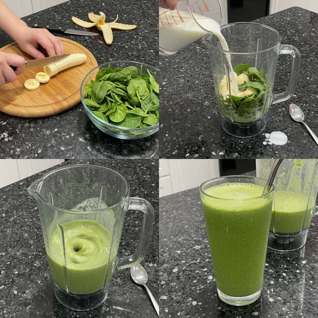 spinach-banana-smoothie-prep A hand adding fresh spinach leaves into a blender, with sliced bananas and almond milk already inside, for a Spinach Banana Smoothie.