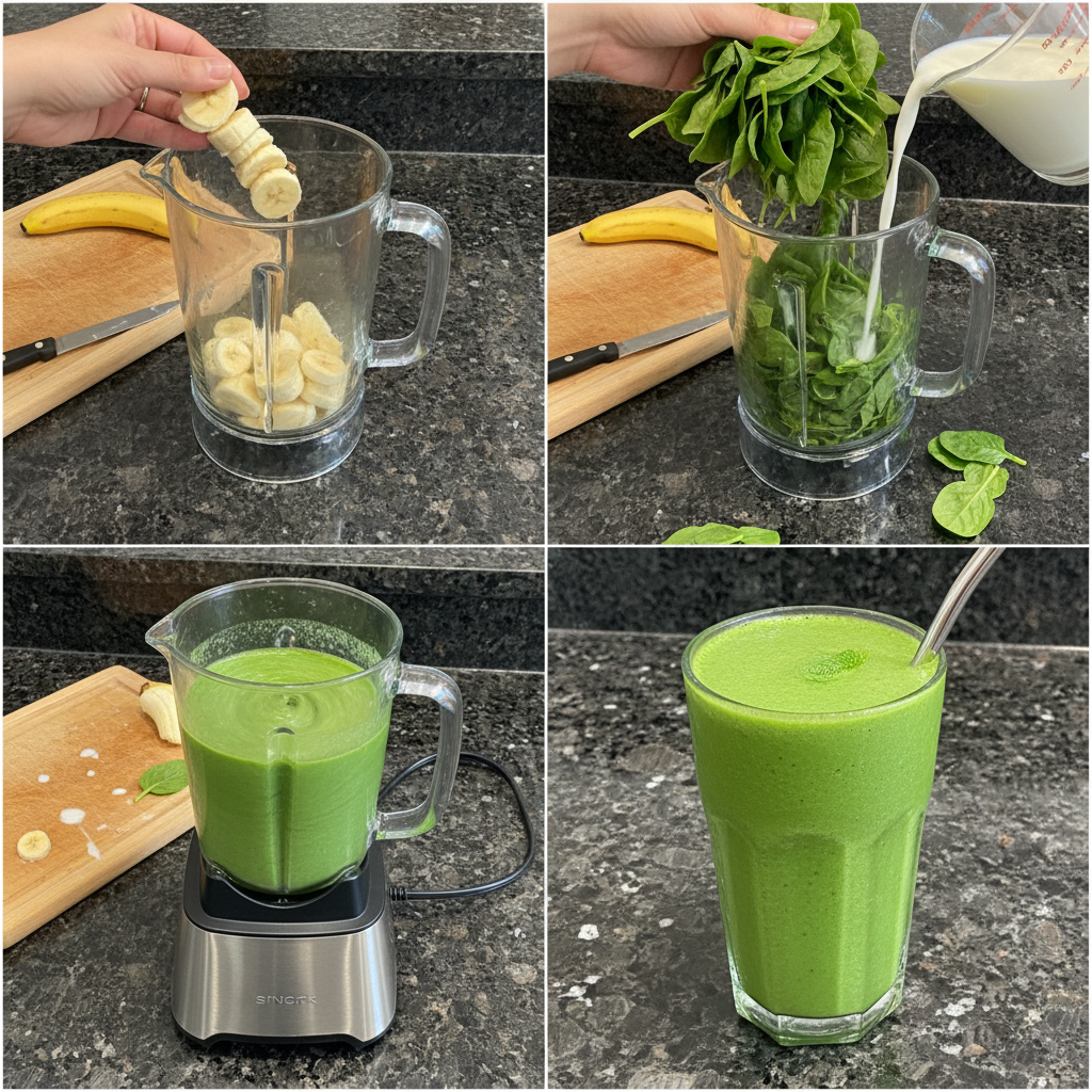 spinach-banana-smoothie-prep A powerful blender actively mixing fresh spinach, bananas, and milk for the Spinach Banana Smoothie prep.
