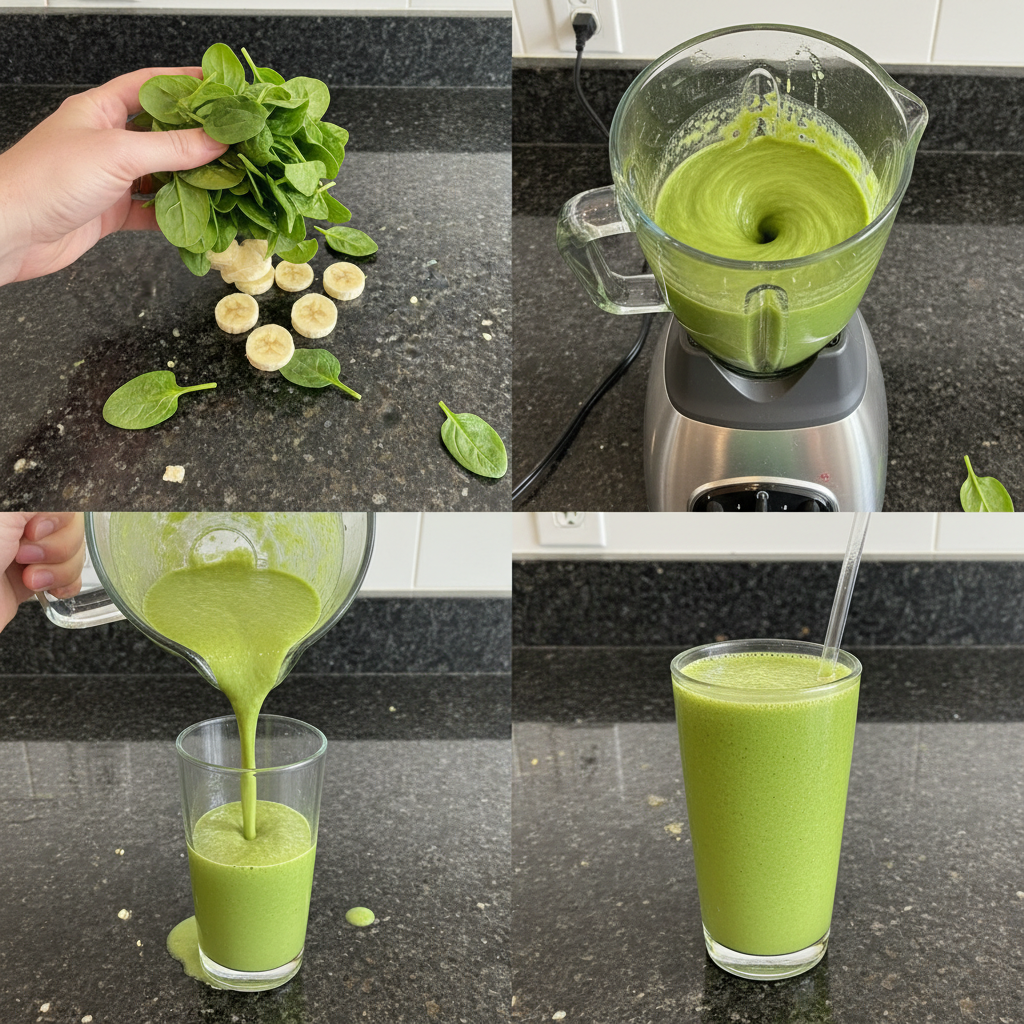 spinach-banana-smoothie-prep Hands adding fresh spinach and sliced banana to a blender, a key step in making a spinach banana smoothie.
