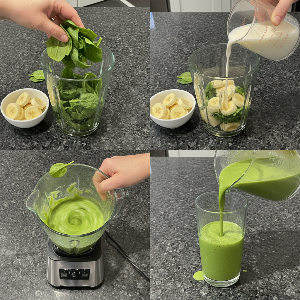 spinach-banana-smoothie-prep A blender mixing fresh spinach, bananas, and liquid into a smooth, green Spinach Banana Smoothie.