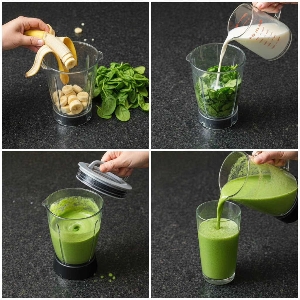 spinach-banana-smoothie-prep Hands adding fresh spinach and sliced bananas into a blender for a quick and easy Spinach Banana Smoothie recipe.