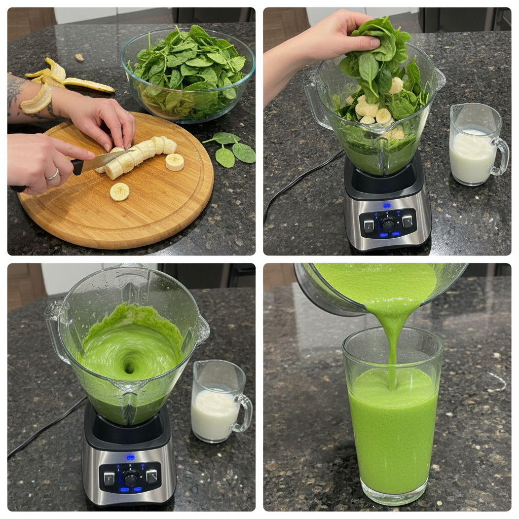 spinach-banana-smoothie-prep A hand pouring a perfectly blended spinach banana smoothie from a powerful blender into a tall serving glass.