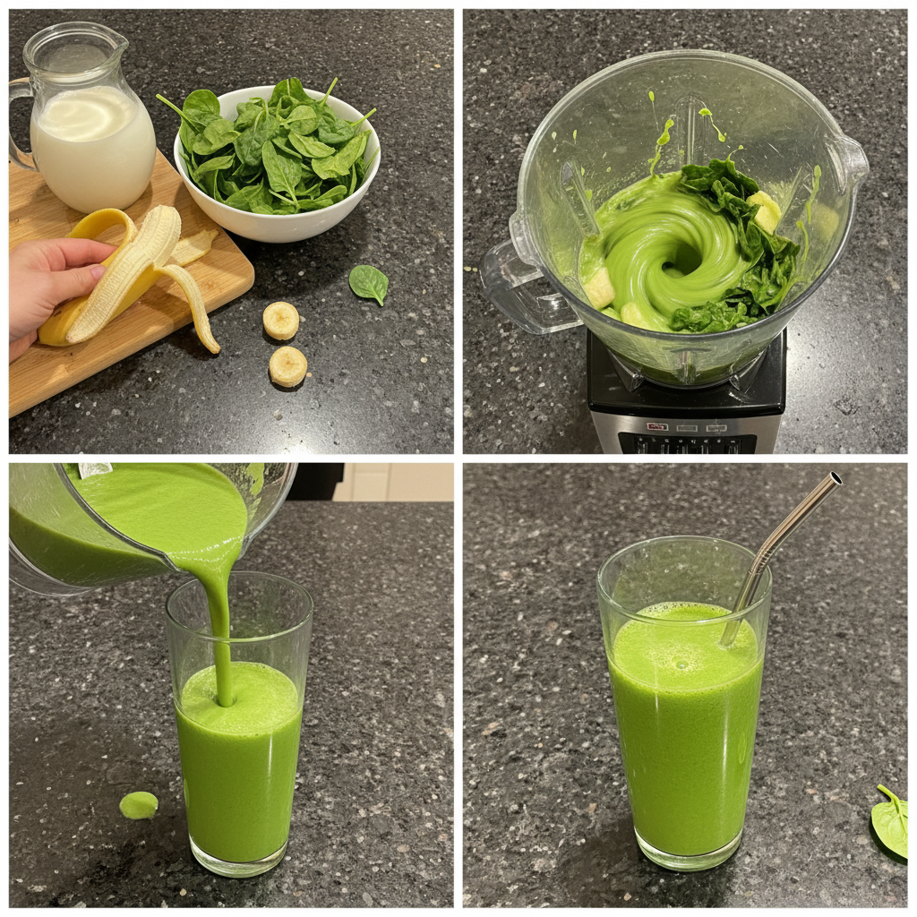 spinach-banana-smoothie-prep A blender combining fresh spinach, sliced bananas, almond milk, and ice cubes, preparing a Spinach Banana Smoothie.