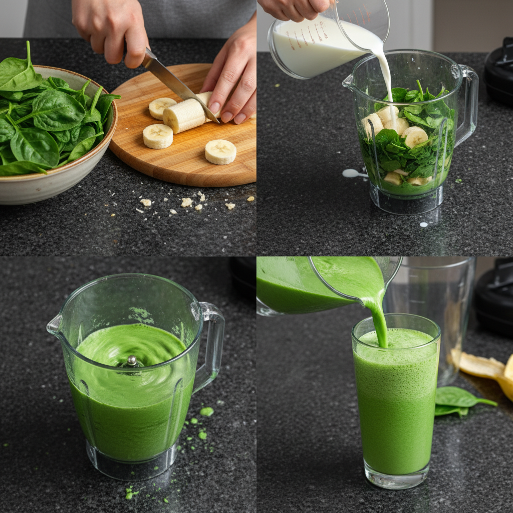 spinach-banana-smoothie-prep Blended fresh spinach, bananas, and milk transforming into a smooth, healthy spinach banana smoothie.