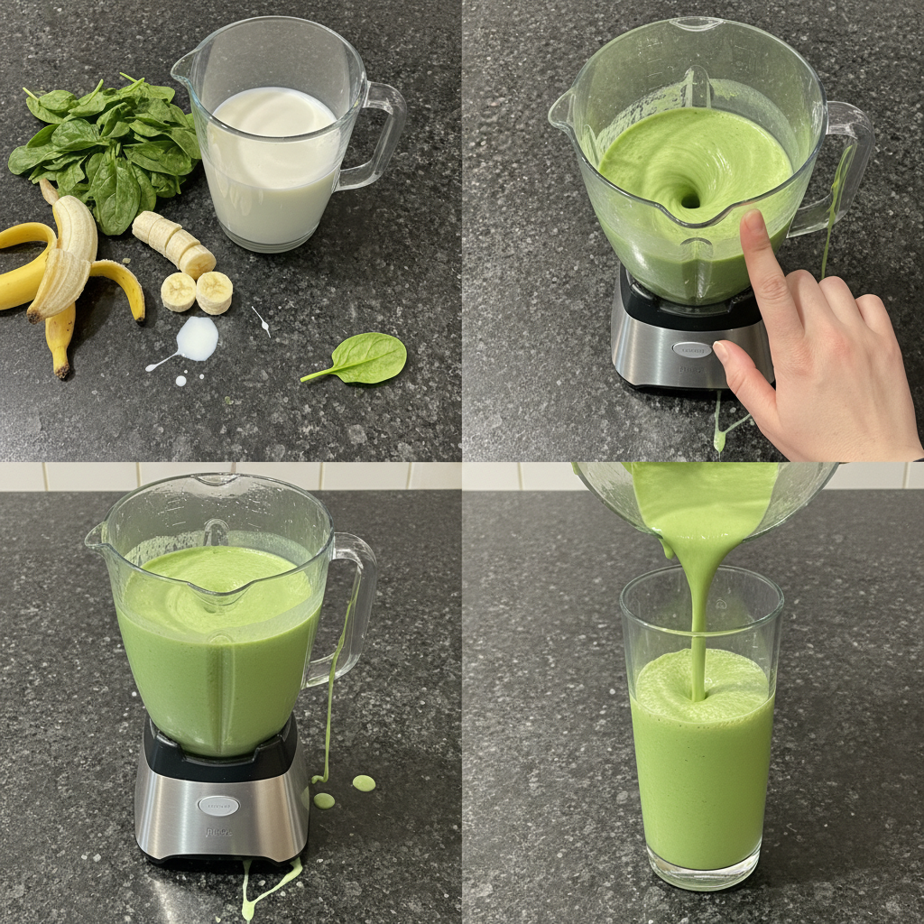 spinach-banana-smoothie-prep A blender with fresh spinach, sliced bananas, and milk being mixed to create a smooth spinach banana smoothie.