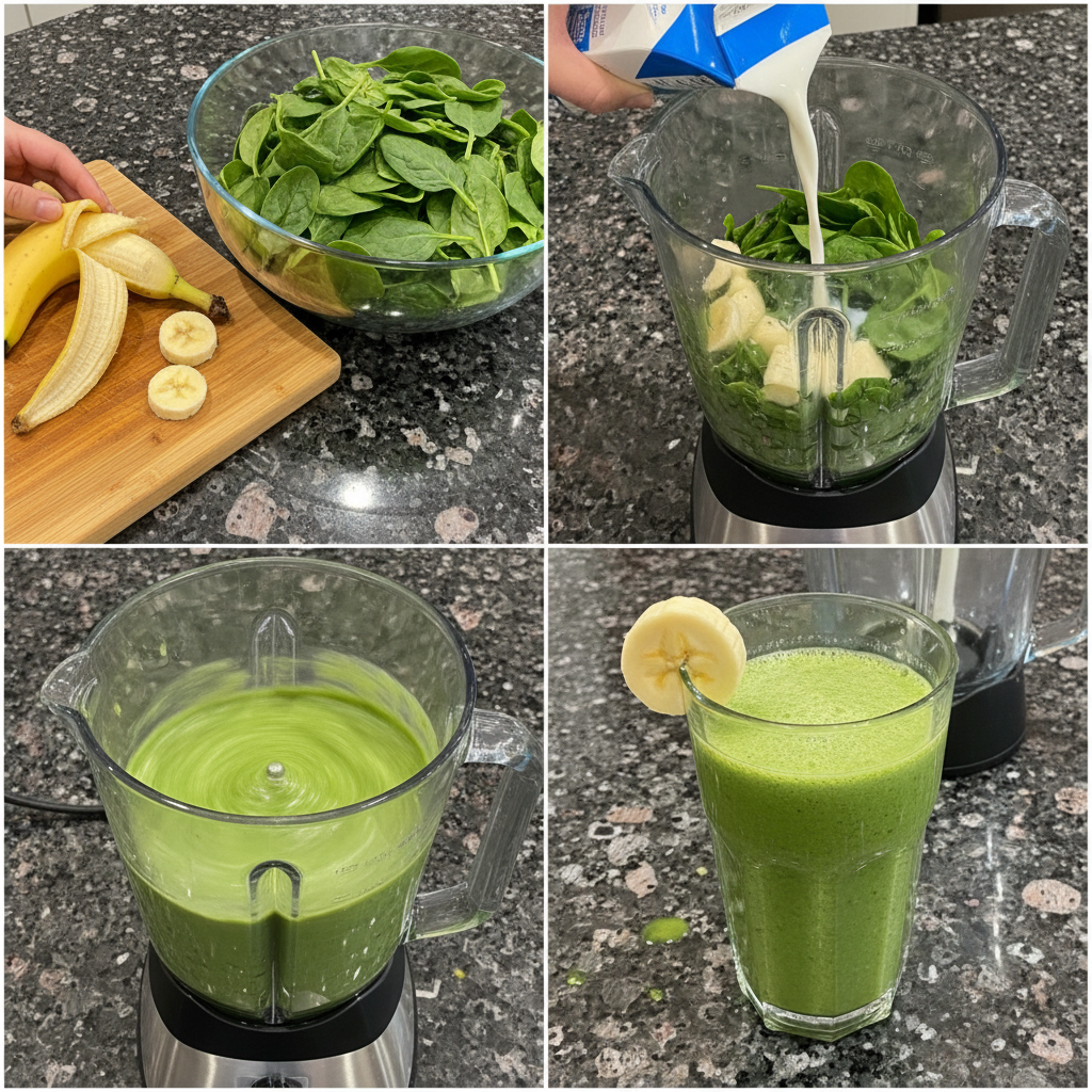 spinach-banana-smoothie-prep A blender containing fresh spinach, sliced banana, and milk, actively blending to create a spinach banana smoothie.