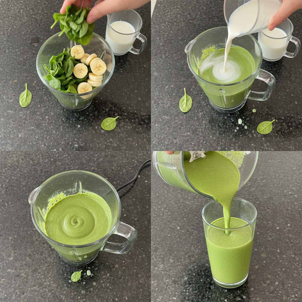 spinach-banana-smoothie-prep A blender whirring, mixing fresh spinach, banana, and liquid into a smooth, green spinach banana smoothie.