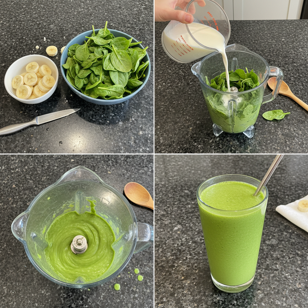 spinach-banana-smoothie-prep A blender jar filled with spinach leaves, banana slices, and milk, ready to be mixed into a healthy Spinach Banana Smoothie.