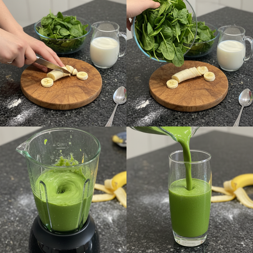 spinach-banana-smoothie-prep A high-speed blender mixing spinach, banana, and liquid into a smooth, green spinach banana smoothie.
