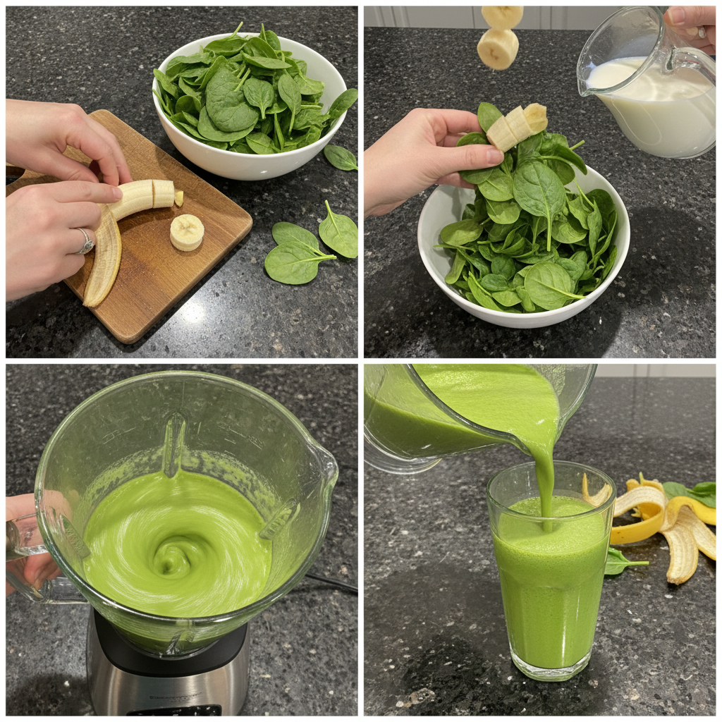 spinach-banana-smoothie-prep Fresh spinach, sliced bananas, milk, and ice being added to a blender for a healthy spinach banana smoothie.