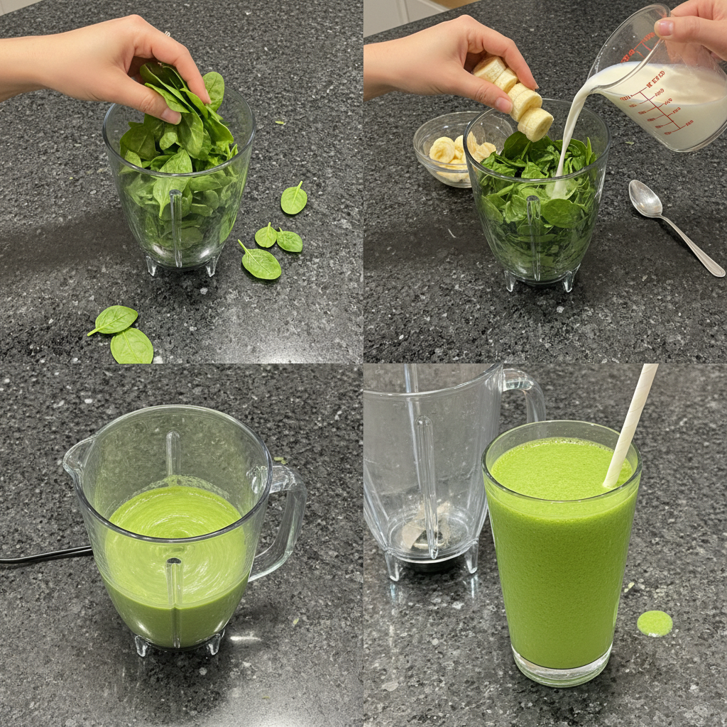 spinach-banana-smoothie-prep A hand pouring fresh spinach leaves into a blender with sliced bananas and almond milk, making a Spinach Banana Smoothie.