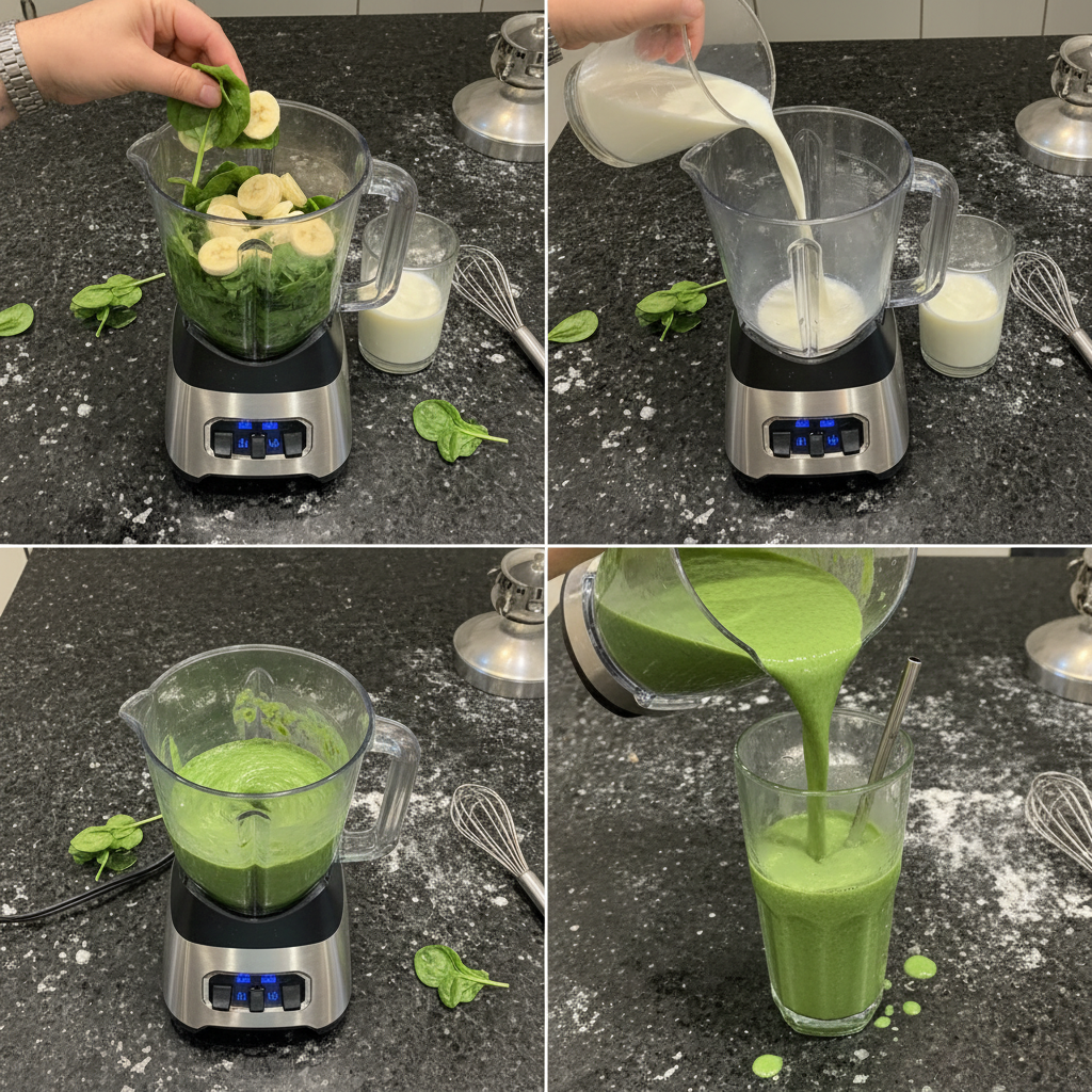 spinach-banana-smoothie-prep A high-speed blender actively mixing fresh spinach, banana chunks, and milk into a smooth spinach banana smoothie.