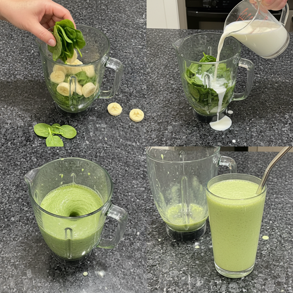 spinach-banana-smoothie-prep A hand adding fresh spinach leaves to a blender with sliced bananas and almond milk, preparing a Spinach Banana Smoothie.