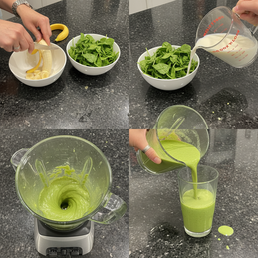 spinach-banana-smoothie-prep A blender filled with fresh spinach, sliced bananas, and liquid, ready to be transformed into a smooth spinach banana smoothie.