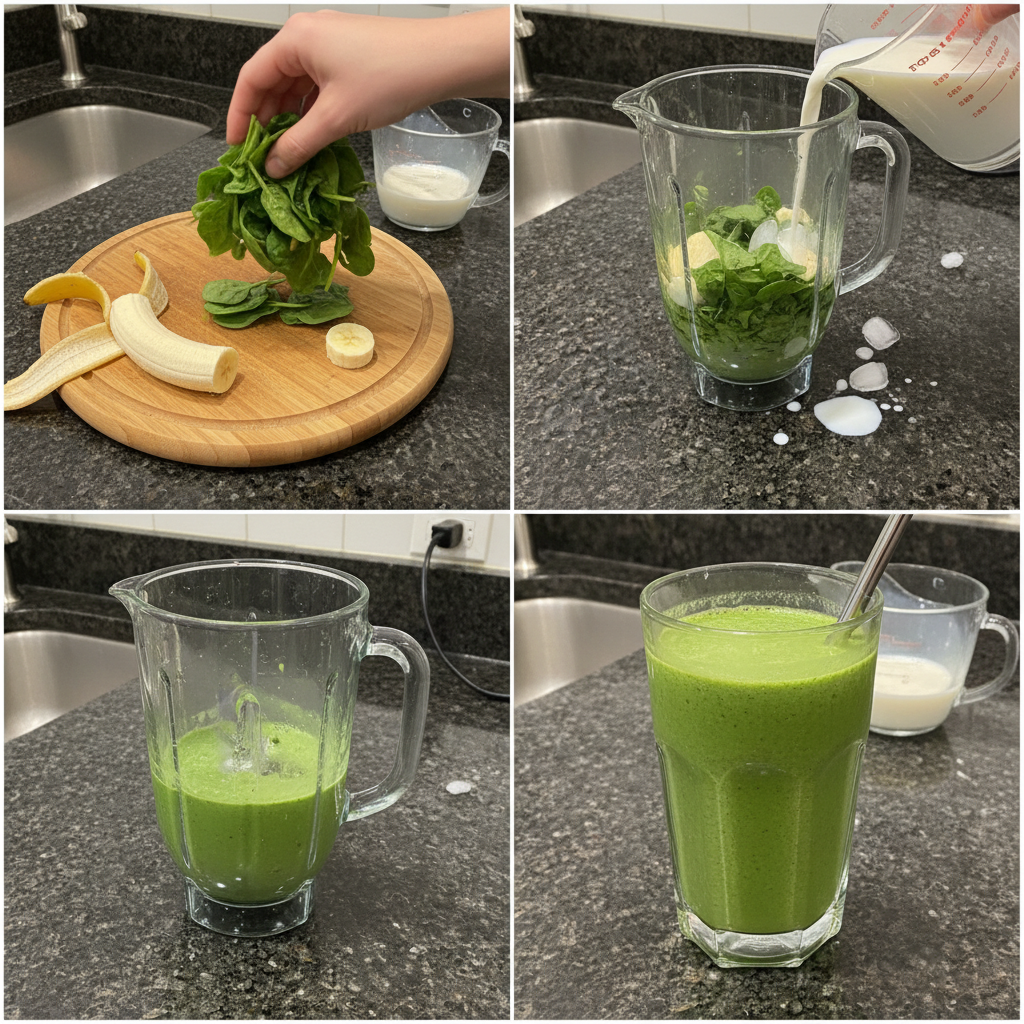spinach-banana-smoothie-prep A blender filled with spinach, banana slices, and a splash of liquid, whirring to create a smooth spinach banana smoothie.
