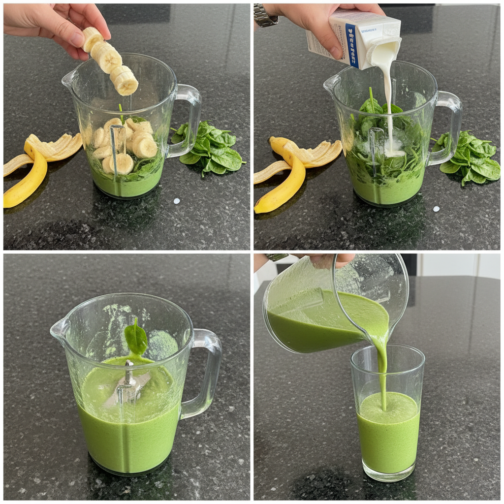 spinach-banana-smoothie-prep Hands adding fresh spinach and sliced banana to a blender pitcher to prepare a spinach banana smoothie.