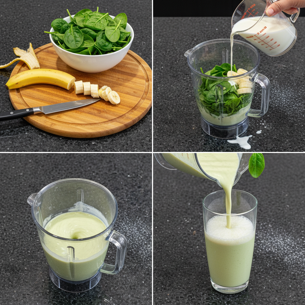 spinach-banana-smoothie-prep Blender filled with spinach, bananas, liquid, and ice, ready to be processed into a smooth spinach banana smoothie.