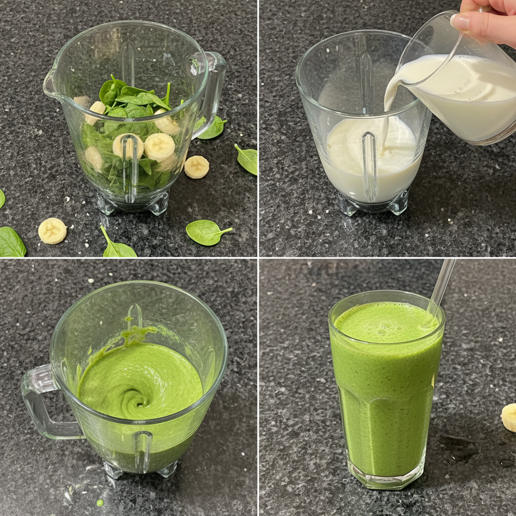 spinach-banana-smoothie-prep A high-speed blender filled with spinach, banana, and milk, actively blending to create a smooth Spinach Banana Smoothie.
