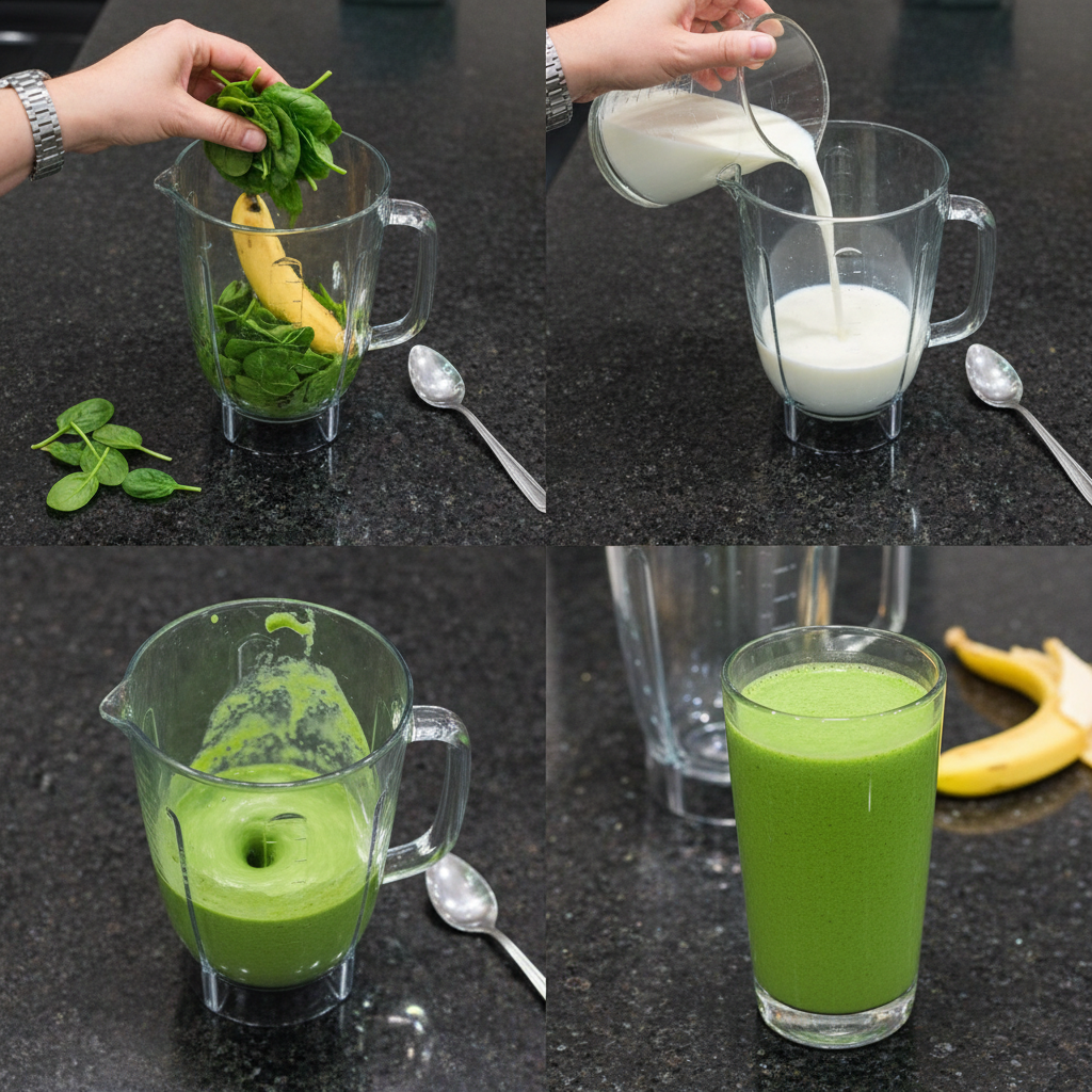 spinach-banana-smoothie-prep Blending fresh spinach, banana slices, and liquid in a high-speed blender for a smooth Spinach Banana Smoothie.