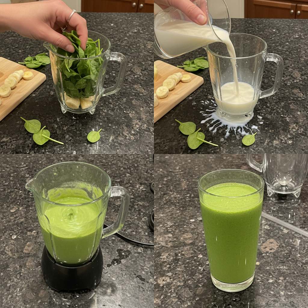 spinach-banana-smoothie-prep Blending fresh spinach, sliced bananas, and liquid in a blender to make a Spinach Banana Smoothie.