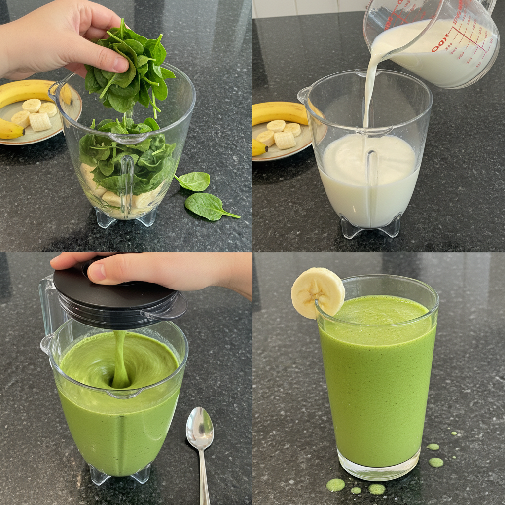 spinach-banana-smoothie-prep A high-speed blender actively mixing fresh spinach, banana slices, and liquid, creating a smooth spinach banana smoothie.