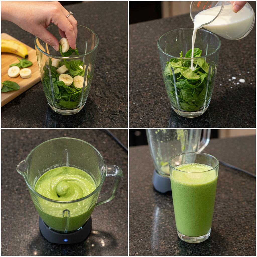 spinach-banana-smoothie-prep A hand pouring fresh spinach into a blender alongside sliced bananas and milk, beginning the Spinach Banana Smoothie prep. The blending process is captured here.