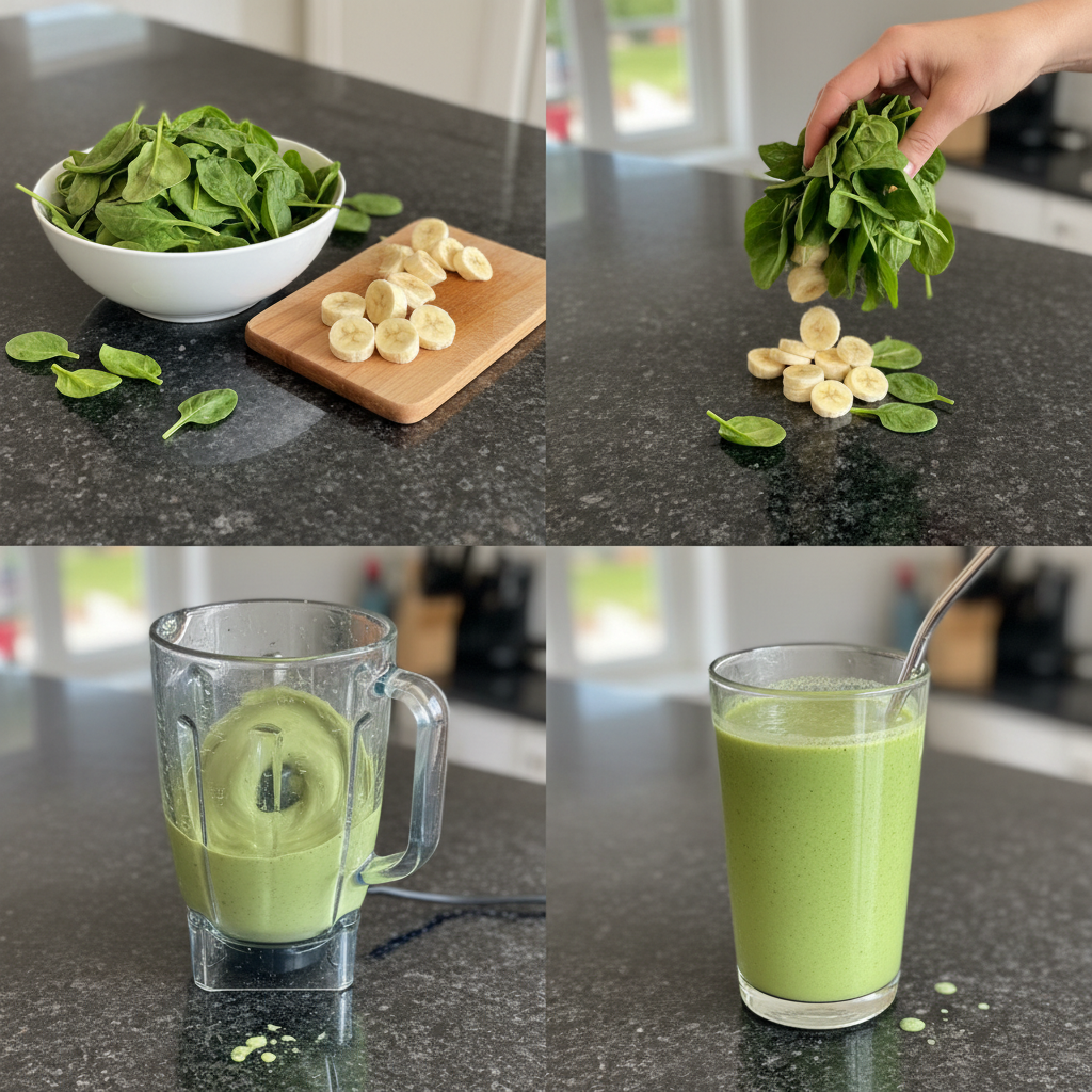 spinach-banana-smoothie-prep Blending fresh spinach, banana, and liquid to create a smooth spinach banana smoothie in a powerful blender.