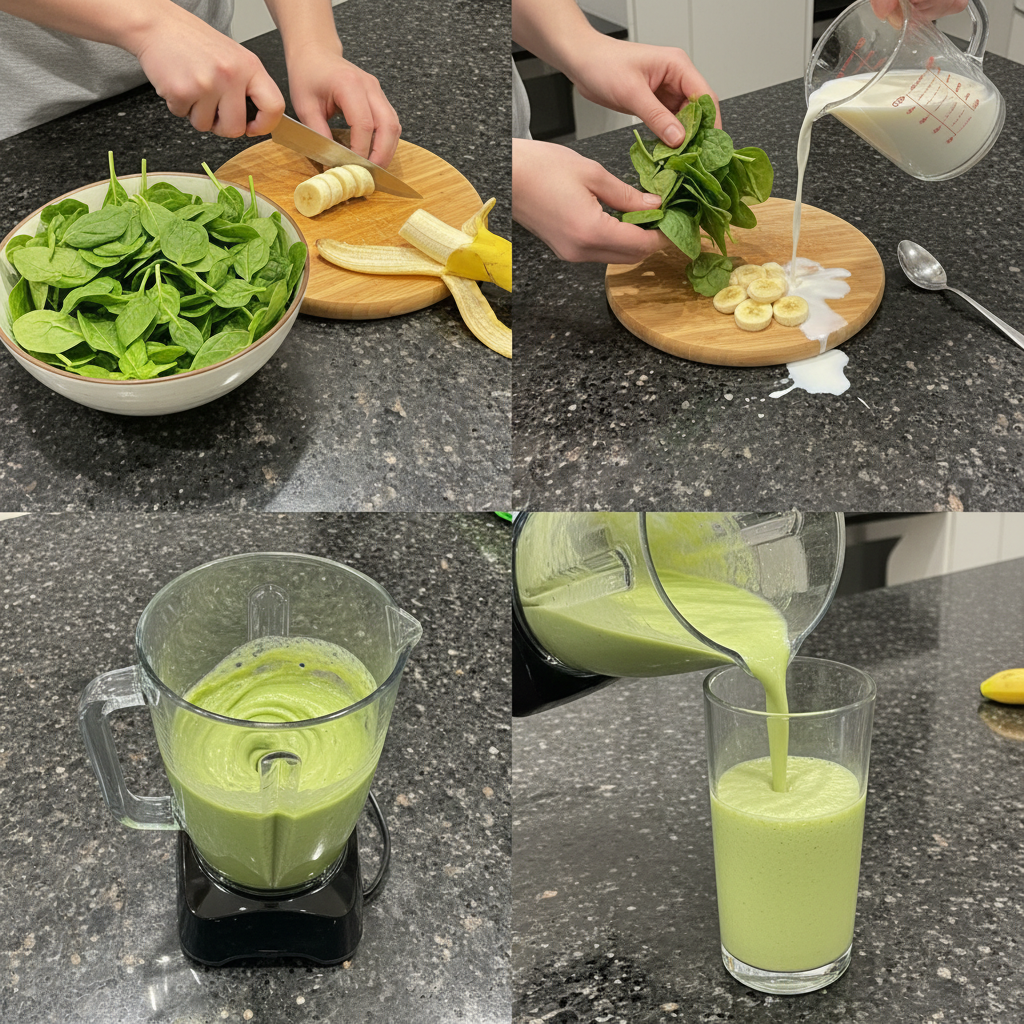spinach-banana-smoothie-prep Hands adding fresh spinach and banana slices into a blender for a quick and easy Spinach Banana Smoothie recipe.