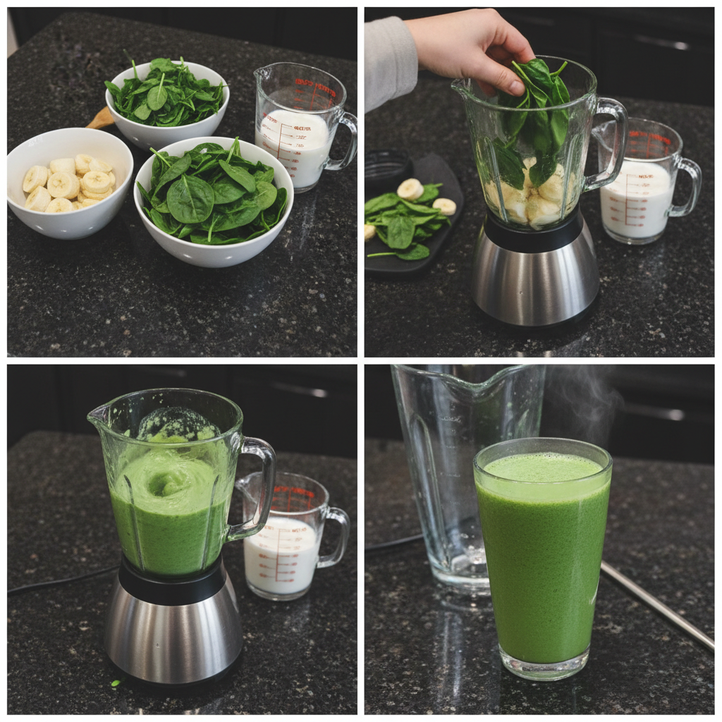 spinach-banana-smoothie-prep A blender filled with spinach, banana, and liquid, whirring to create a smooth spinach banana smoothie.