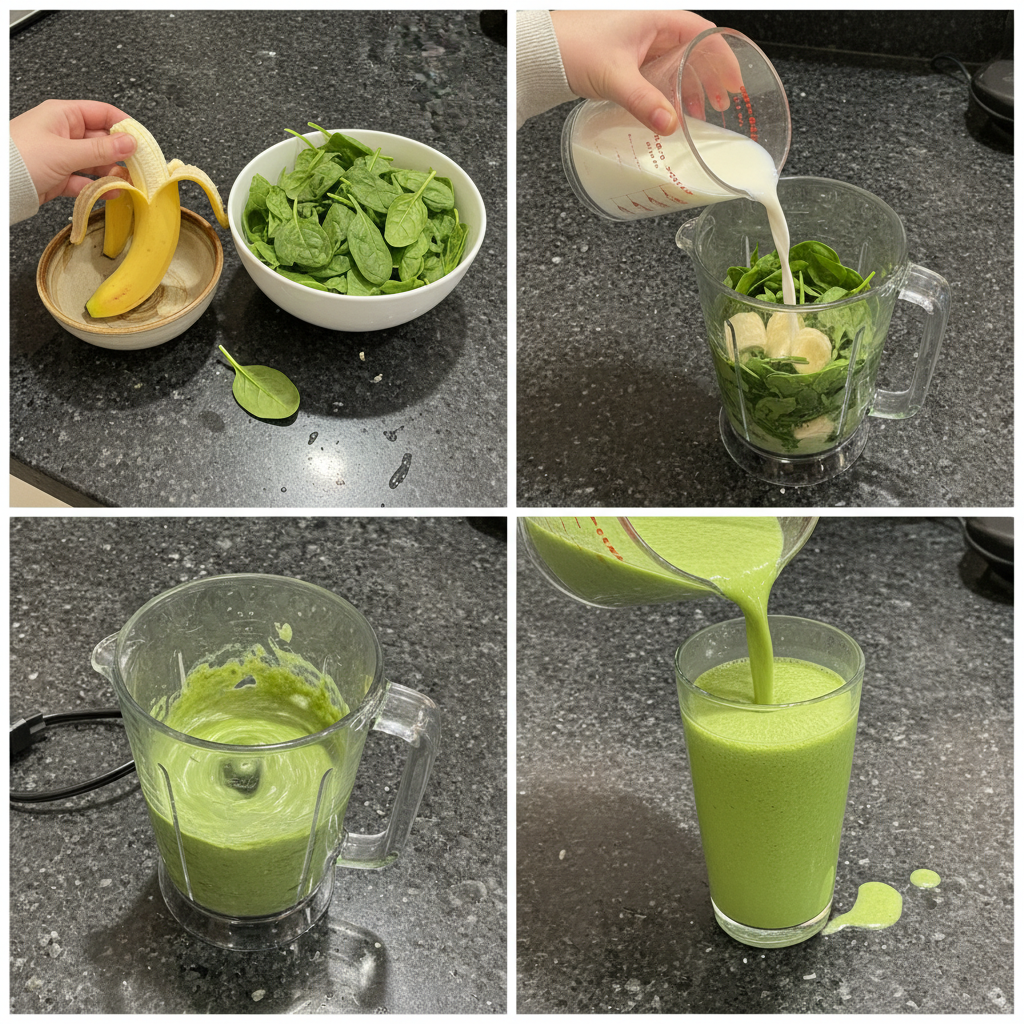 spinach-banana-smoothie-prep-blending Blended fresh spinach, banana, and liquid swirling in a blender, preparing a healthy Spinach Banana Smoothie.
