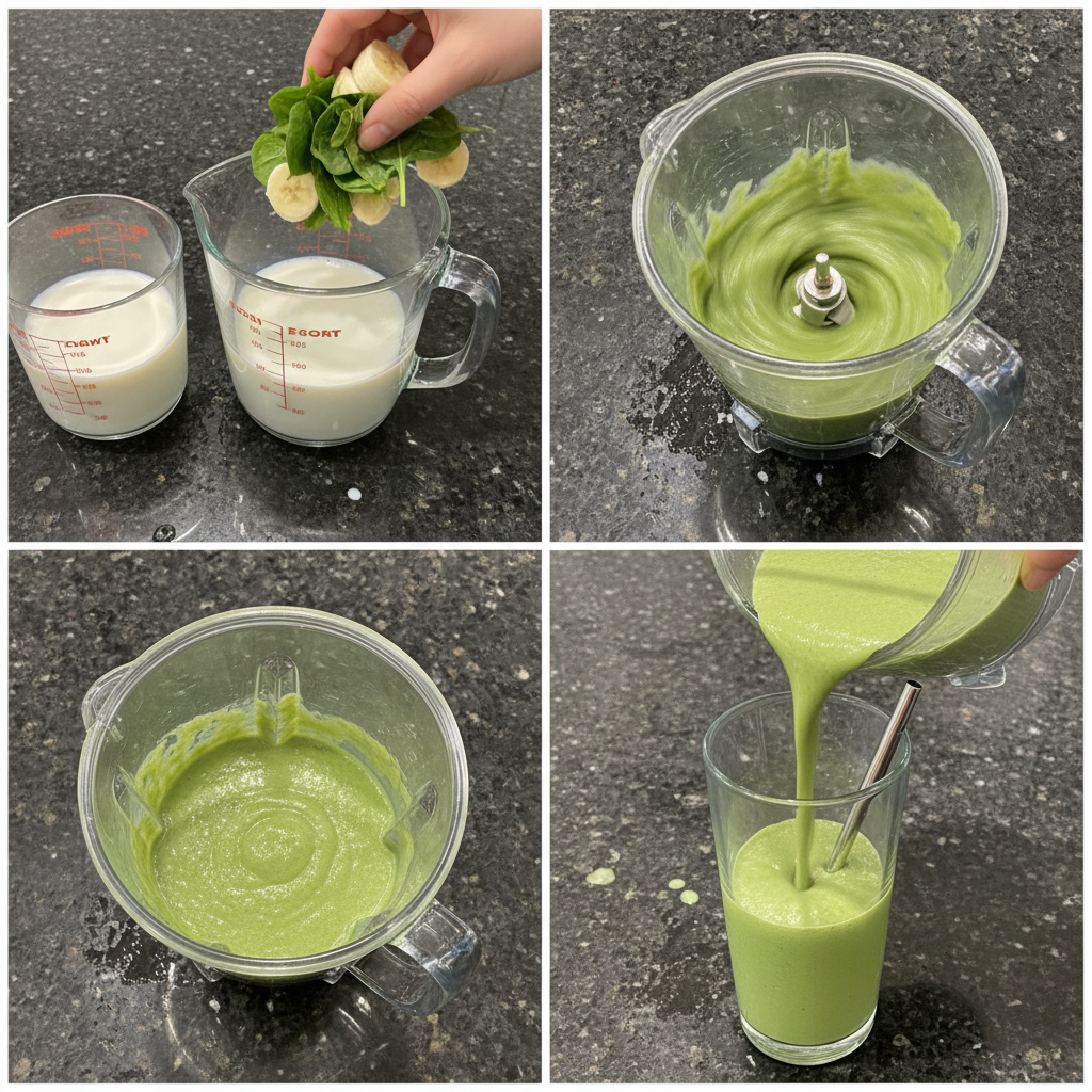 spinach-banana-smoothie-prep-blending A blender filled with fresh spinach, sliced banana, liquid, and ice, ready to make a spinach banana smoothie.