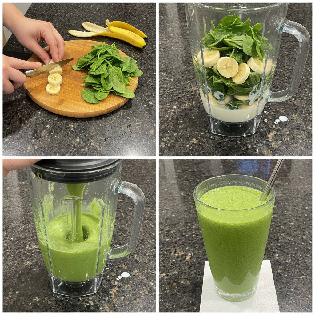spinach-banana-smoothie-prep-blending Blender filled with fresh spinach, banana slices, and liquid, actively blending to create a smooth spinach banana smoothie.