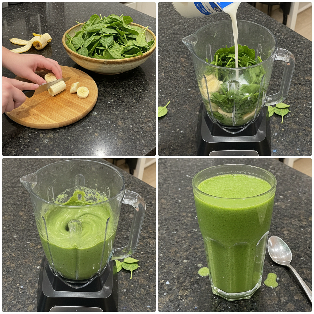 spinach-banana-smoothie-prep-blending Fresh spinach and ripe bananas being blended in a high-speed blender for a spinach banana smoothie.