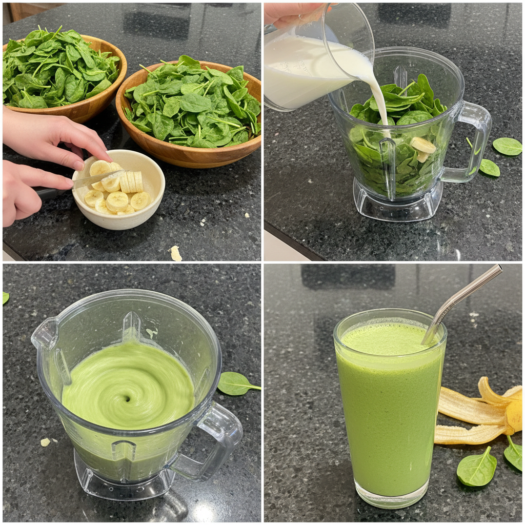 spinach-banana-smoothie-prep-blending Fresh spinach and ripe bananas being blended in a high-speed blender for a smoothie.