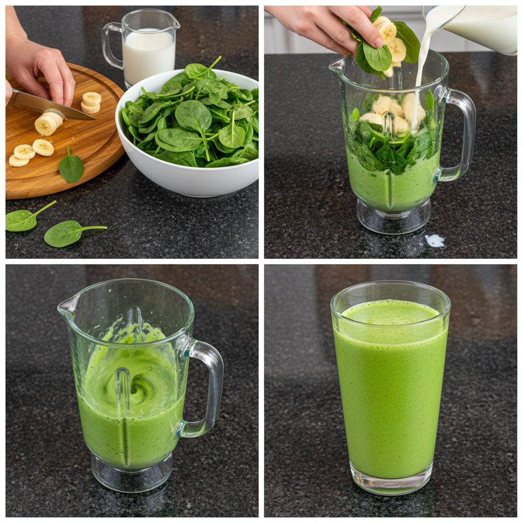 spinach-banana-smoothie-prep-blending A blender whirring, mixing fresh spinach, sliced bananas, and milk to create a smooth spinach banana smoothie.