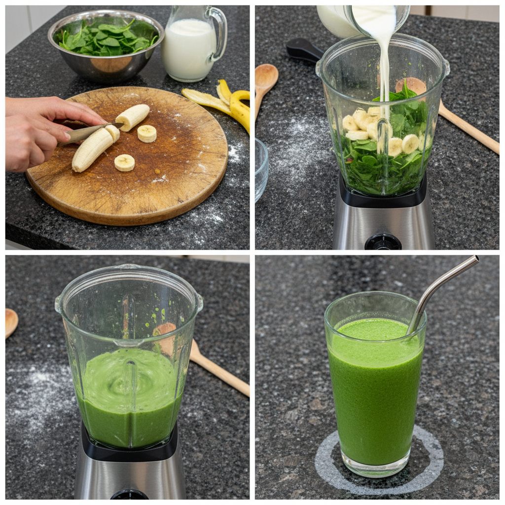 spinach-banana-smoothie-prep-blending A high-speed blender actively mixing fresh spinach, sliced bananas, and milk to create a spinach banana smoothie.