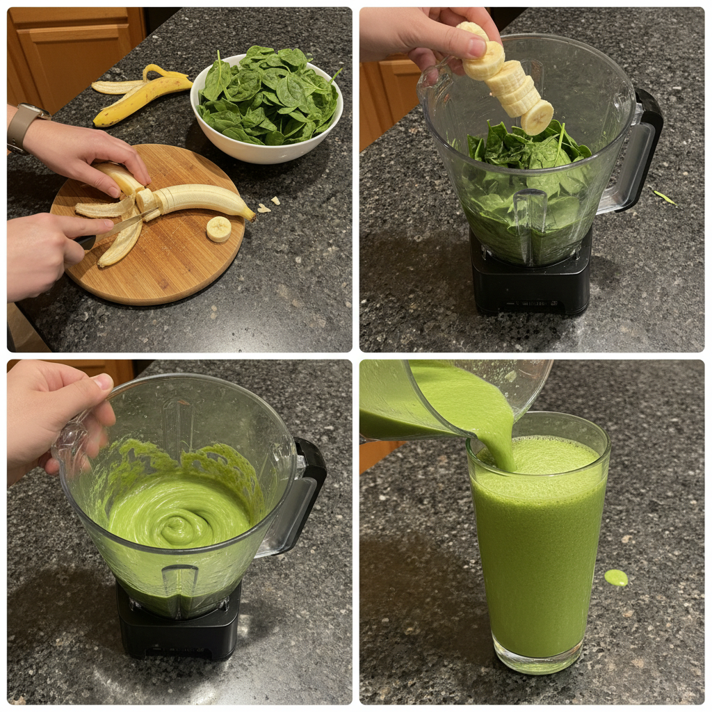 spinach-banana-smoothie-prep-blending A hand adding fresh spinach leaves into a blender with ripe bananas and liquid for a spinach banana smoothie.