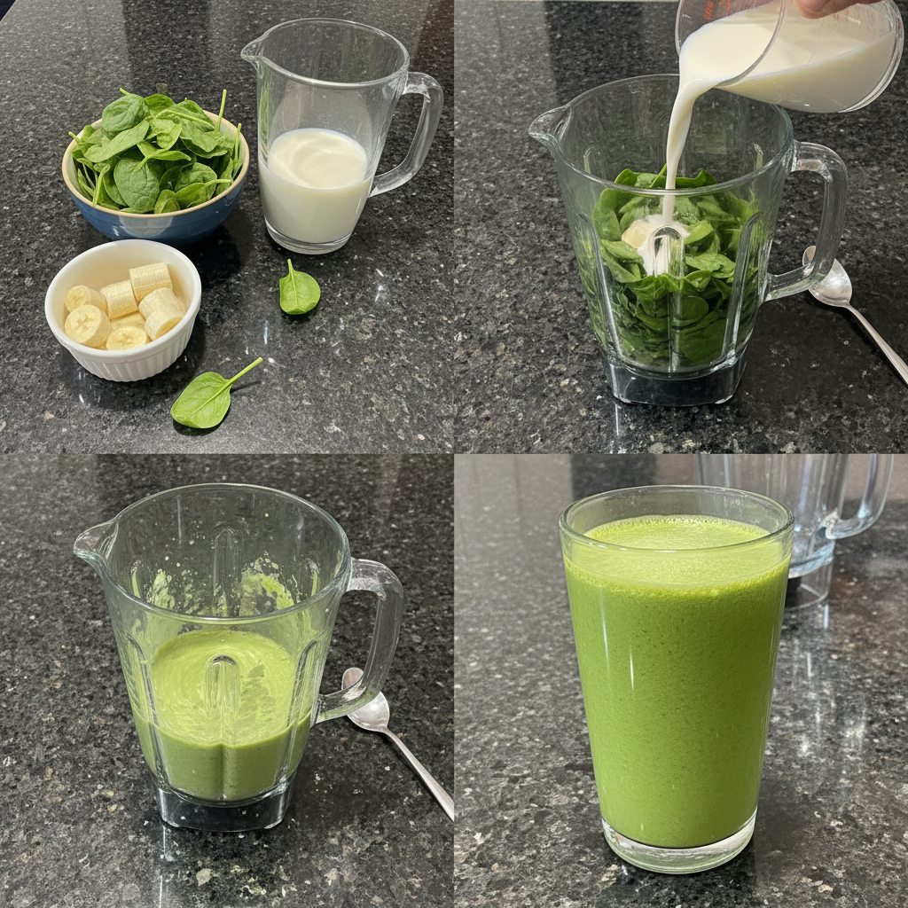 spinach-banana-smoothie-prep-blending A blender whirring, transforming fresh spinach, bananas, and liquid into a smooth, healthy Spinach Banana Smoothie.