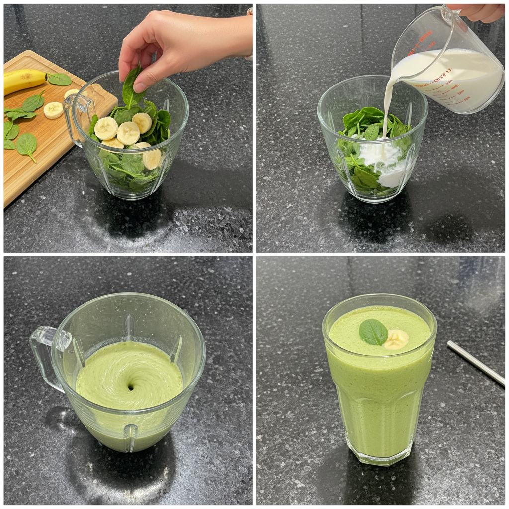 spinach-banana-smoothie-prep-blending A blender vigorously mixing fresh spinach, banana, and liquid into a smooth spinach banana smoothie.