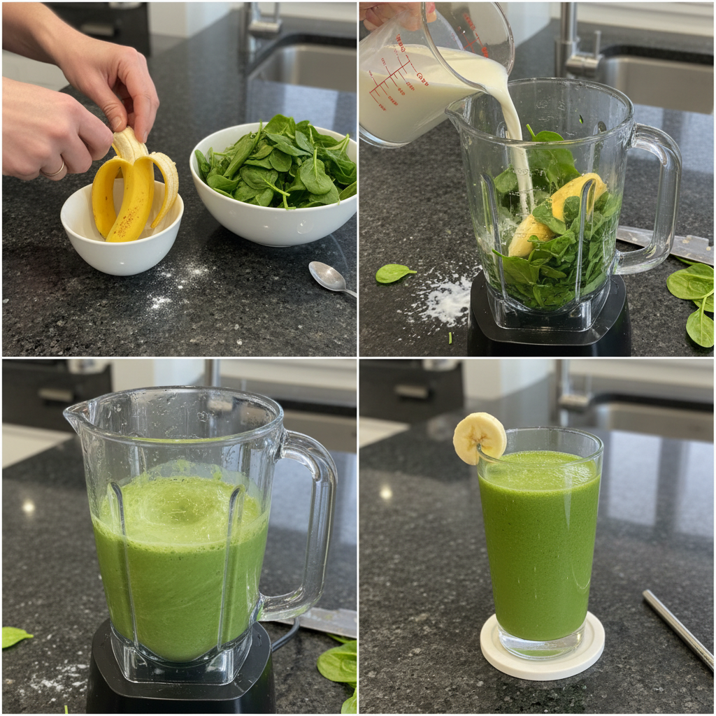 spinach-banana-smoothie-prep-process A hand pouring a vibrant green Spinach Banana Smoothie from a blender into a tall glass.