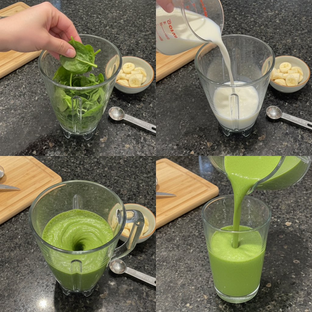 spinach-banana-smoothie-prep-step Ingredients like spinach and banana being blended into a smooth, green spinach banana smoothie in a powerful blender.