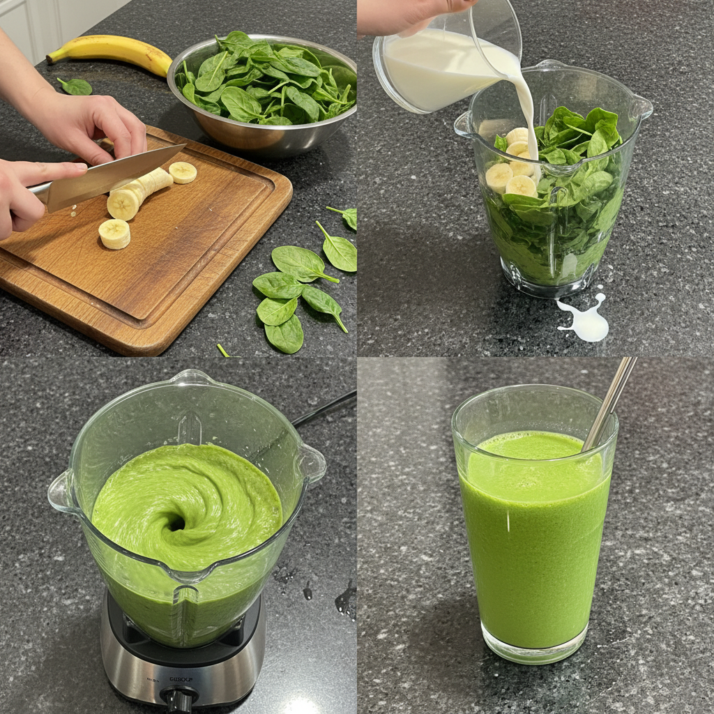spinach-banana-smoothie-preparation A high-speed blender mixing fresh spinach, banana, and milk, illustrating a key step in making a spinach banana smoothie.